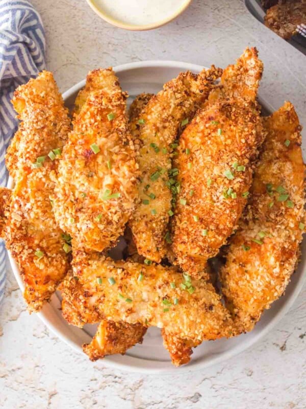 plate of golden air fryer chicken tenders