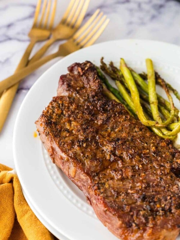 POV air fryer steak with a side of asparagus