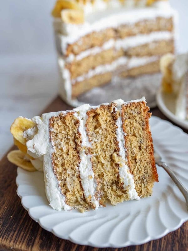 three layer banana cake with white frosting