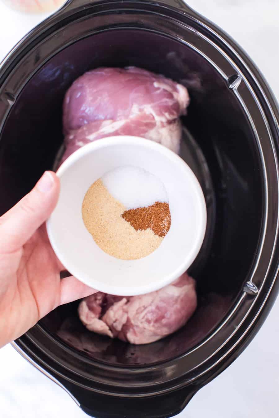 raw pork tenderloin in crock pot below and hand holding rubbing spices in a dish over it.