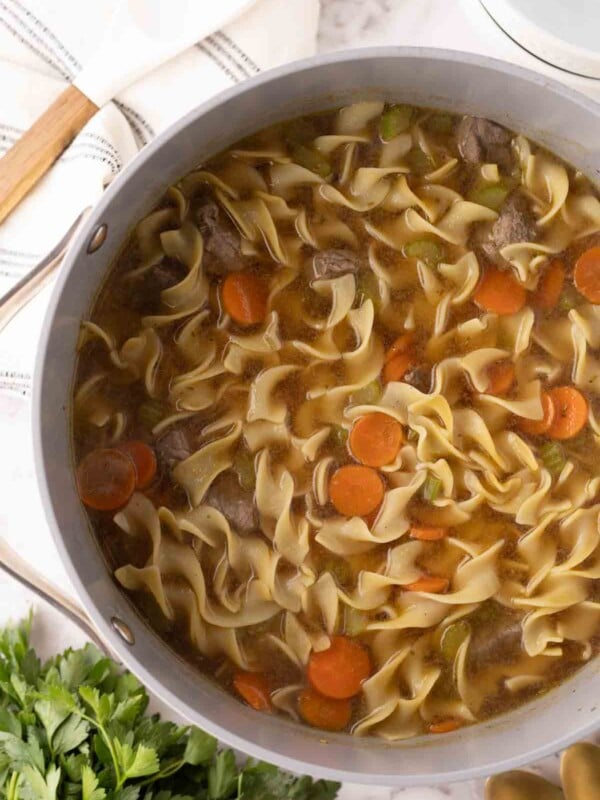 beef noodle soup recipe in a large pot.