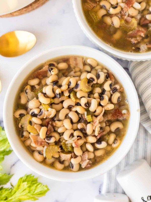 black eyed peas in a white serving bowl