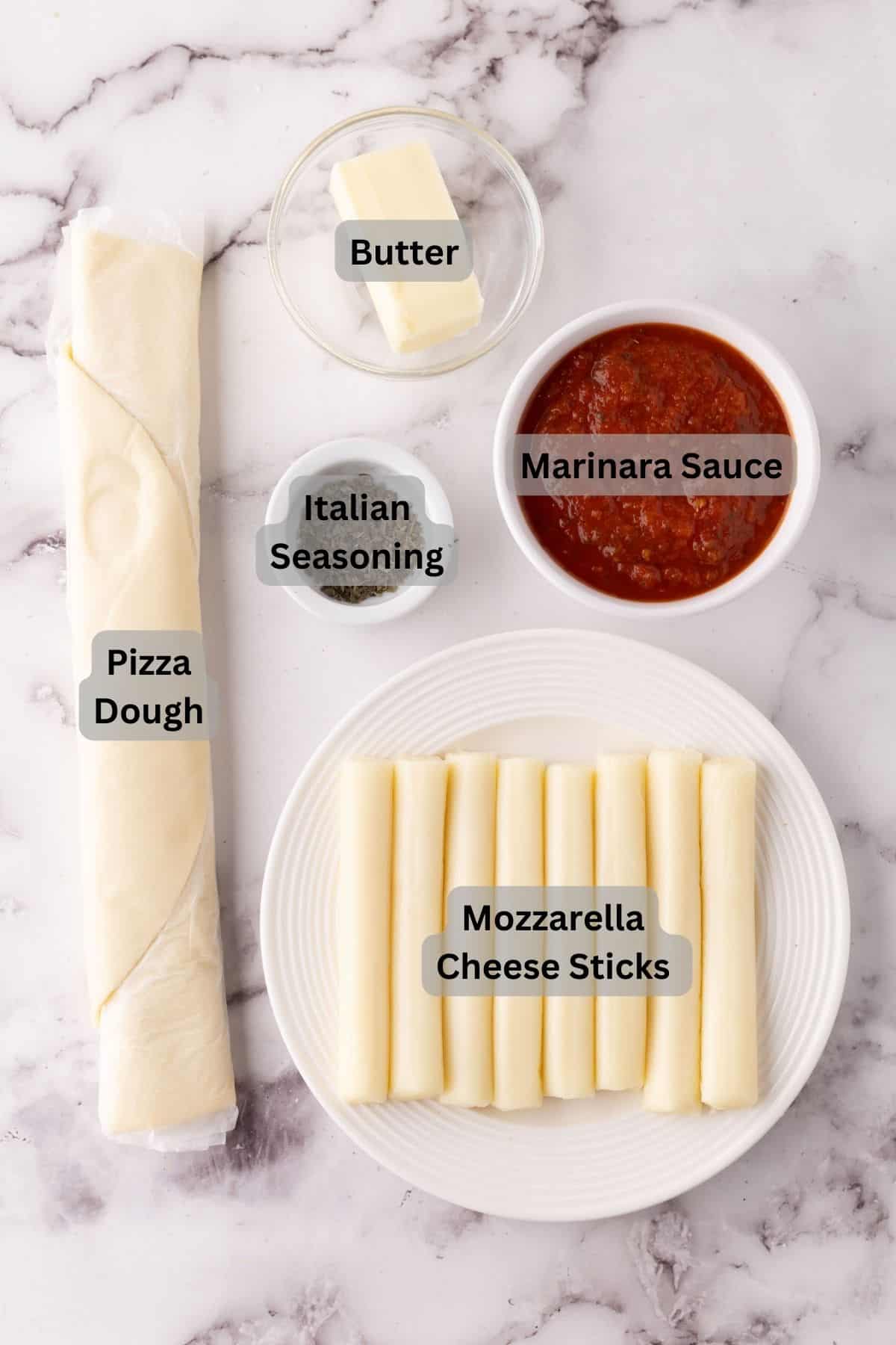 portion bowls each with digitally labeled raw ingredients to make bosco sticks.