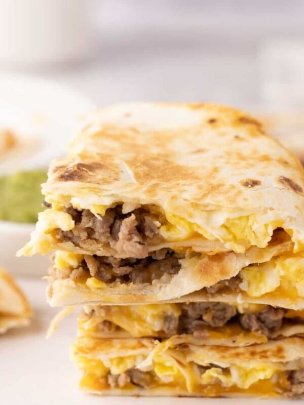 stack of triangle servings of breakfast quesadillas.