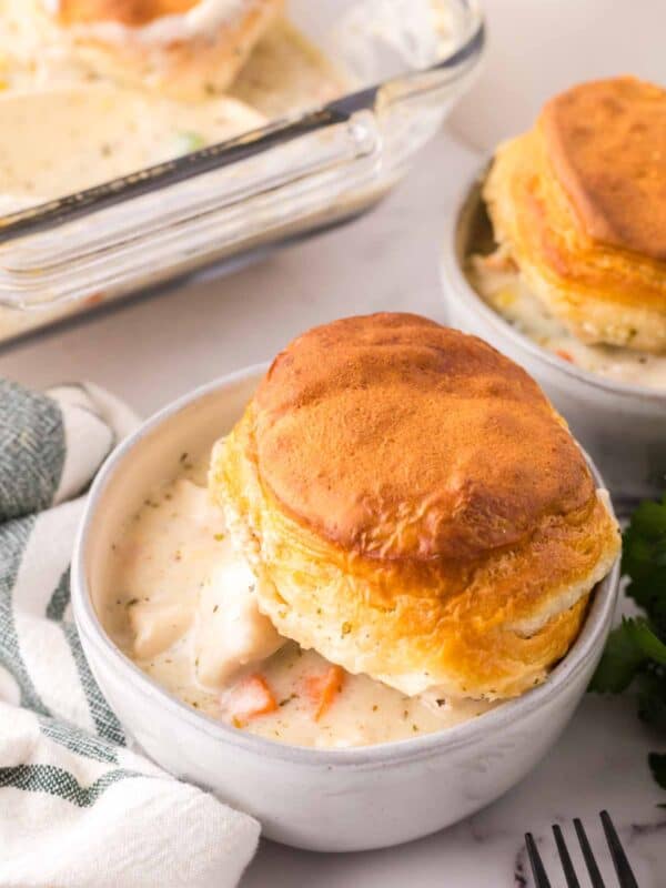 white bowl of gravy and chicken with a biscuit on top.