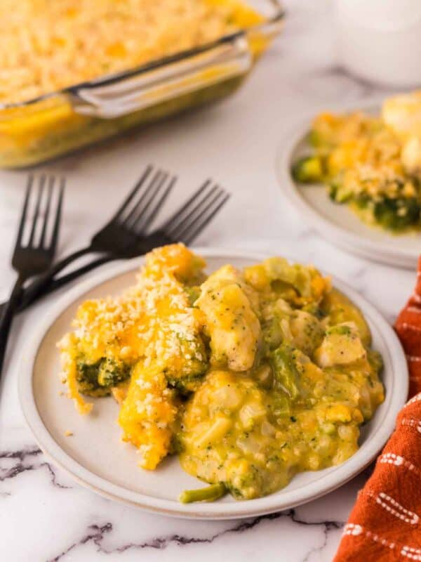 Chicken divan recipe served onto a round plate.