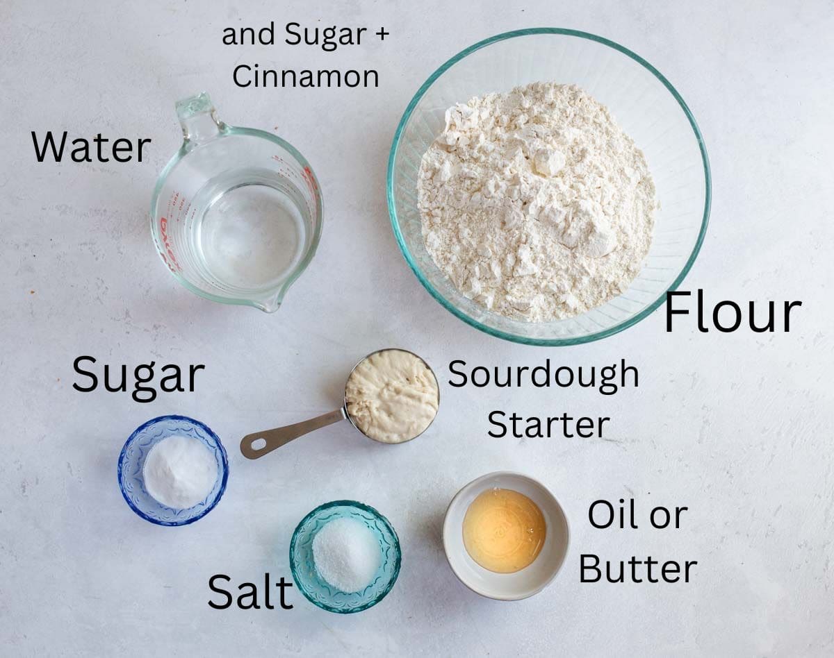 ingredients for sourdough cinnamon swirl bread.