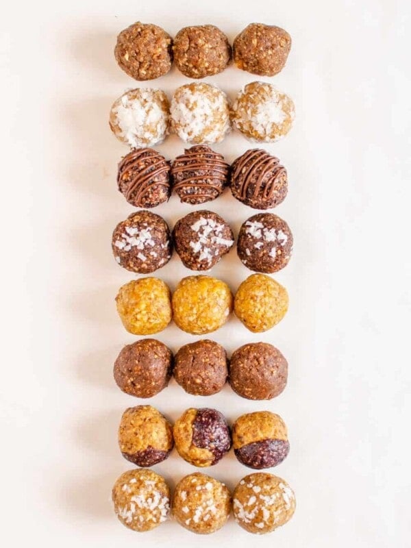 Rows of different types of date energy bites.