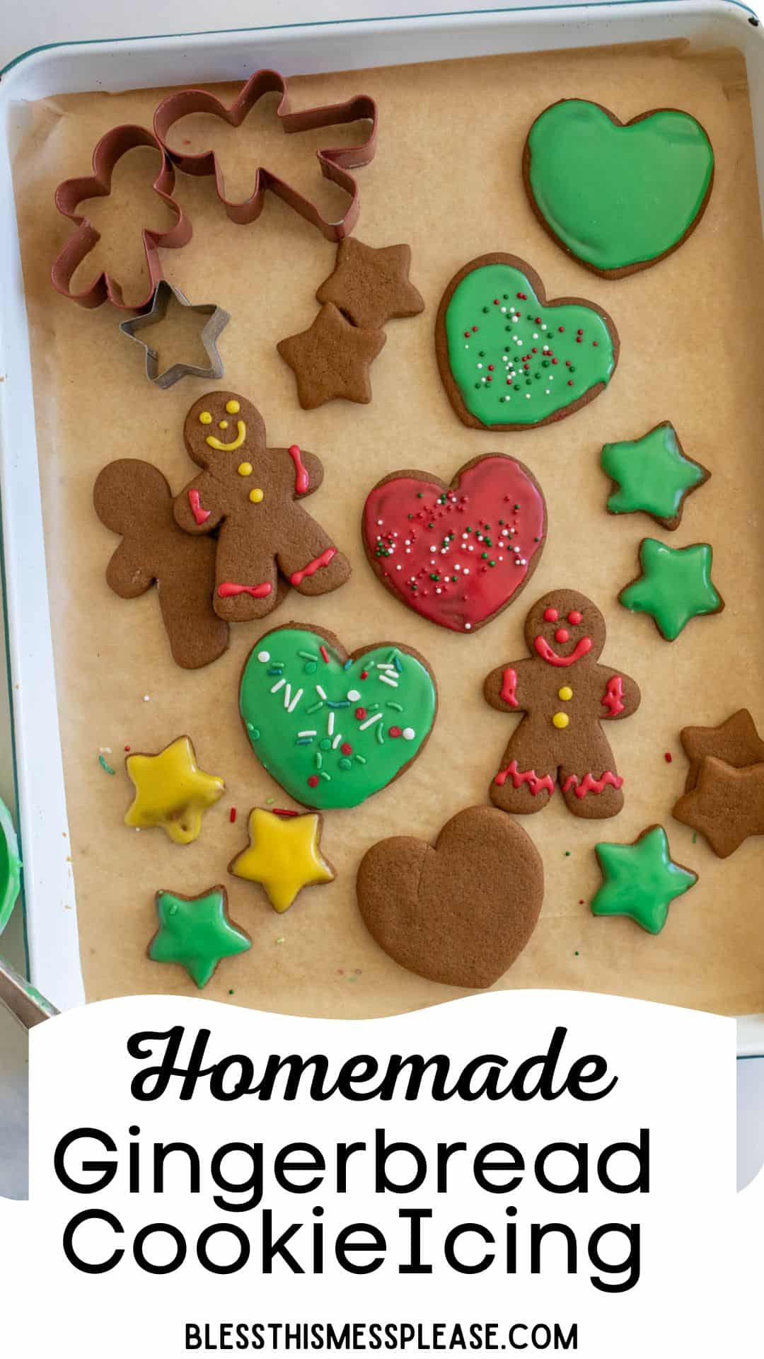 A baking sheet with various gingerbread cookies, including gingerbread people, hearts, stars, and Christmas trees. Some cookies are decorated with green, red, and yellow icing, with sprinkles. Text at the bottom: Homemade Gingerbread Cookie Icing.