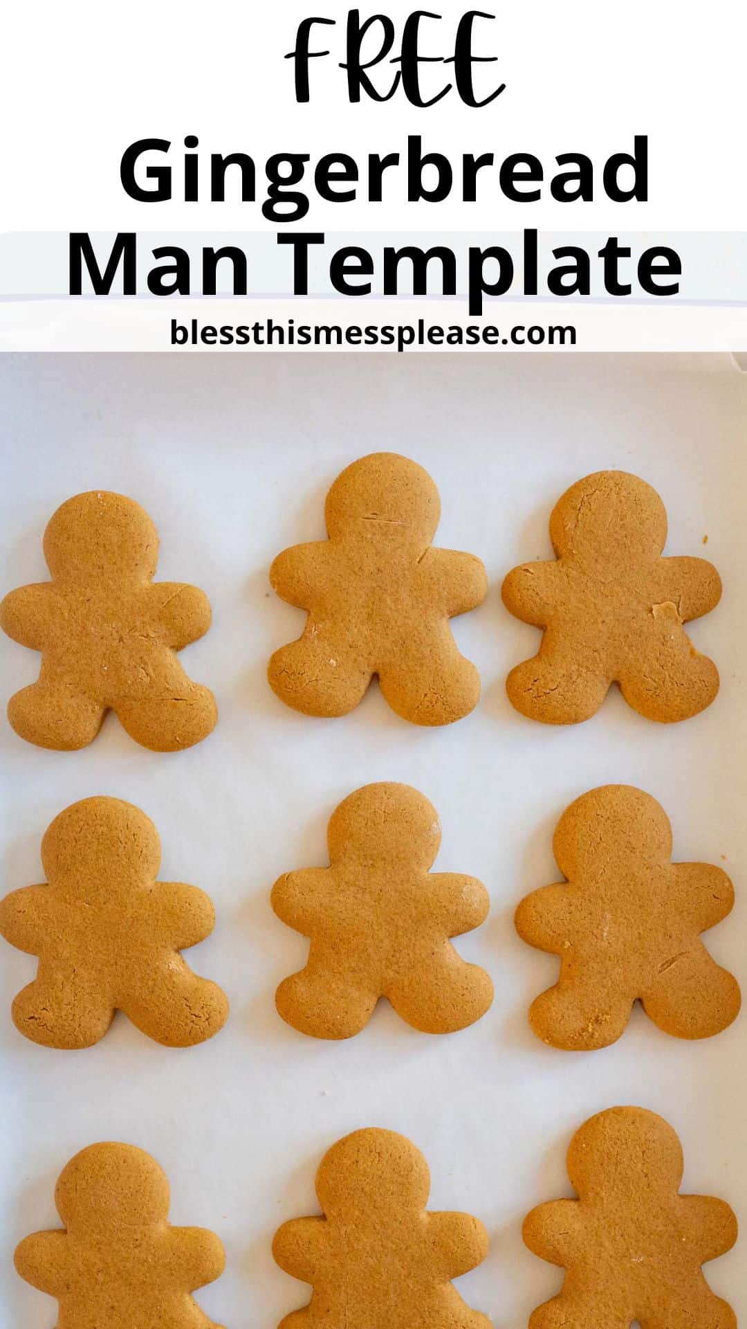 A set of eight gingerbread men cookies is neatly laid out on a baking pan. Text at the top reads, "Free Gingerbread Man Cookie Templates," with a website URL, blessthismessplease.com.