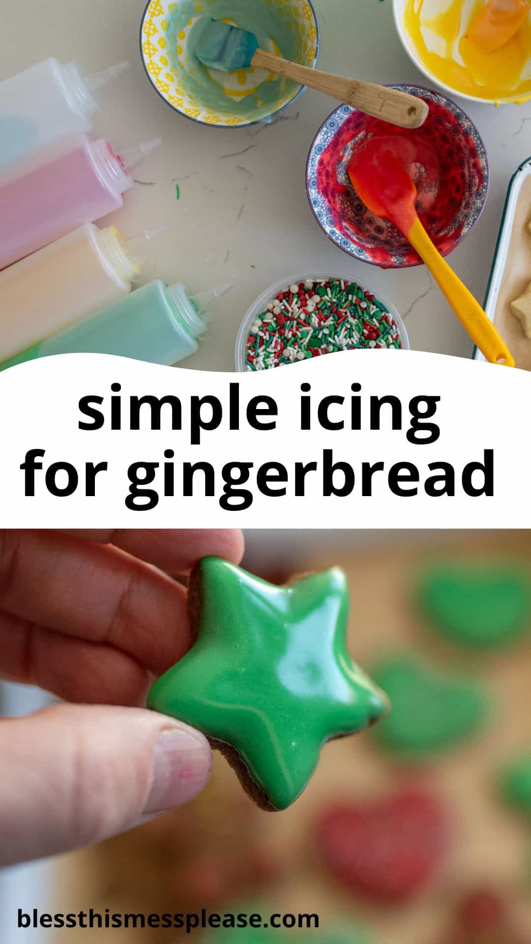 Top view of bowls with colorful icing and sprinkles, alongside filled piping bags. Below, a hand holds a star-shaped gingerbread cookie with green icing. Text reads simple icing for gingerbread with website name at the bottom.