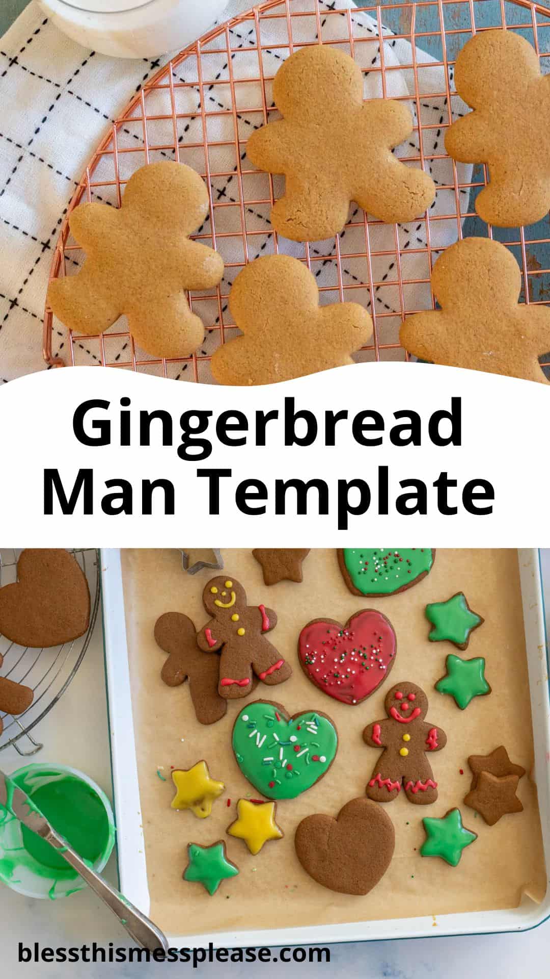 Top view of gingerbread cookies on a cooling rack and baking sheet. Some are decorated with colorful icing and sprinkles. Text reads Gingerbread Man Cookie Templates. A bowl with green icing sits to the side, ready for adding festive flair to your creations.