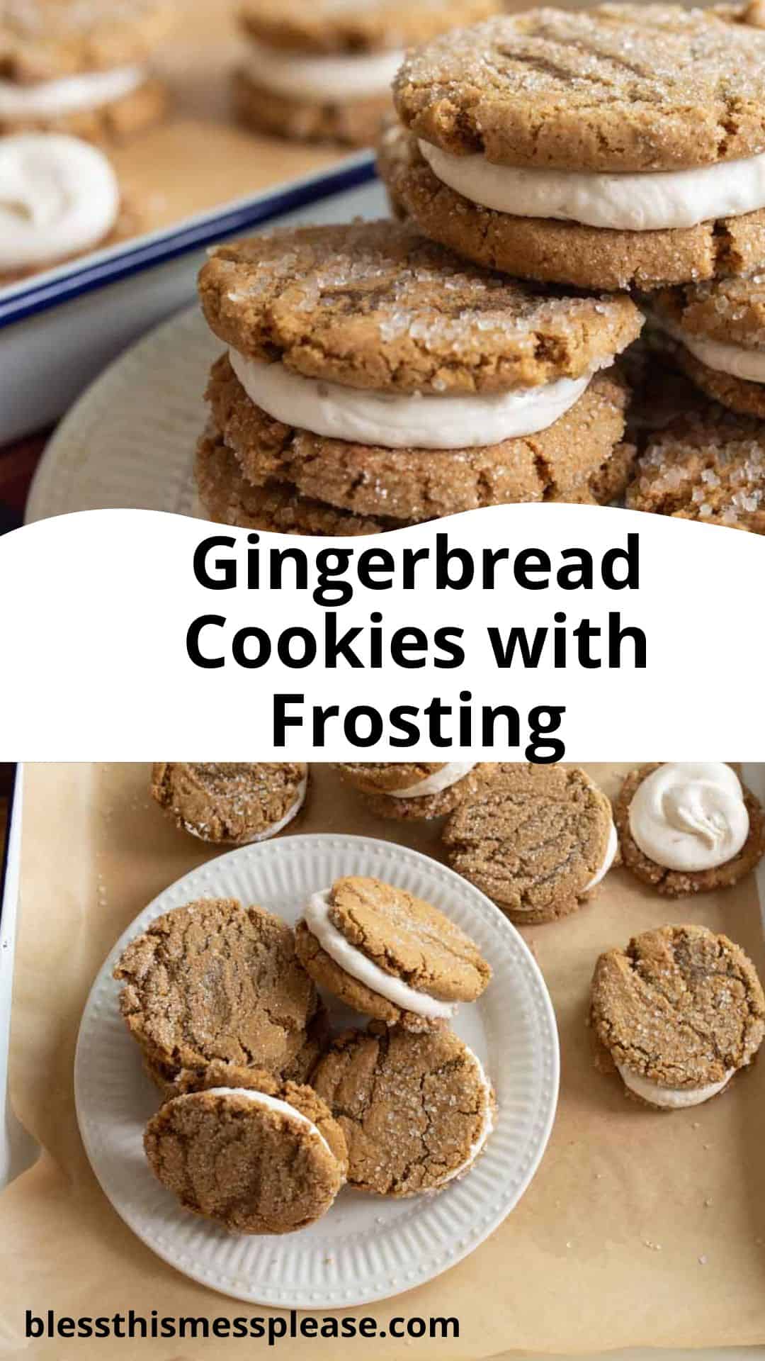 A close-up of gingerbread cookies with white frosting, stacked on a plate. Another plate with more cookies is below. The text on the image reads, Gingerbread Cookies with Frosting.