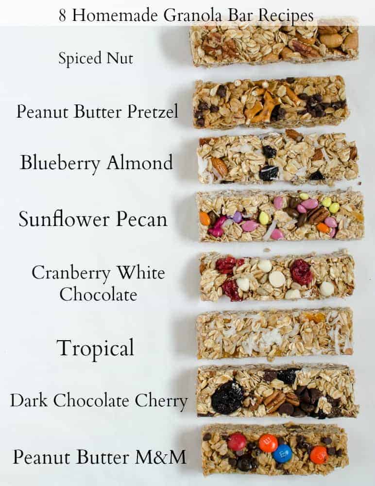 variety of granola bars on white background.