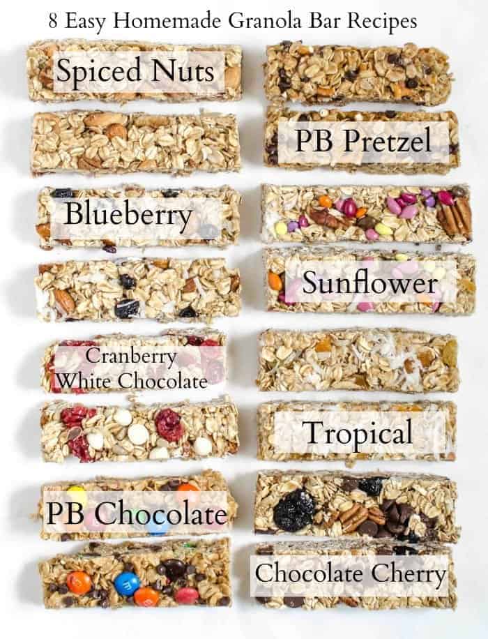 variety of granola bars on white background.