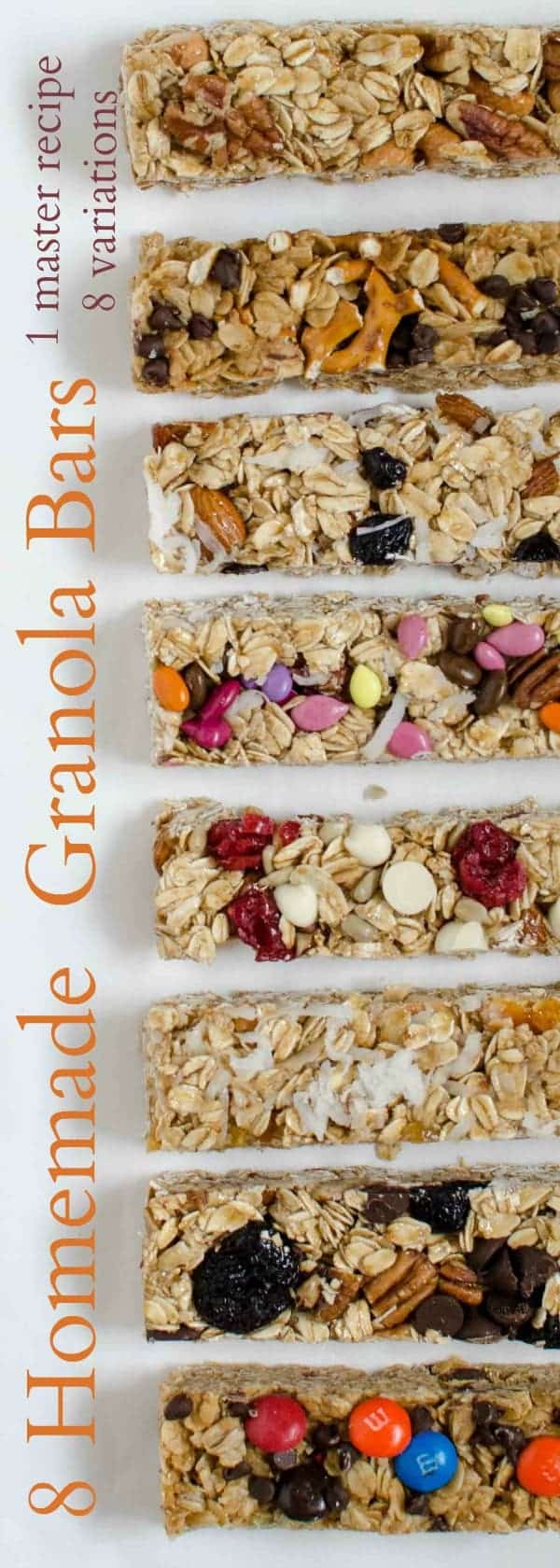 variety of granola bars on white background.