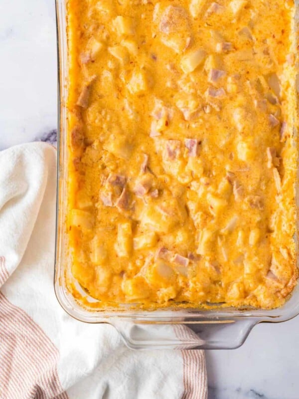 a baking dish of of ham and potato casserole