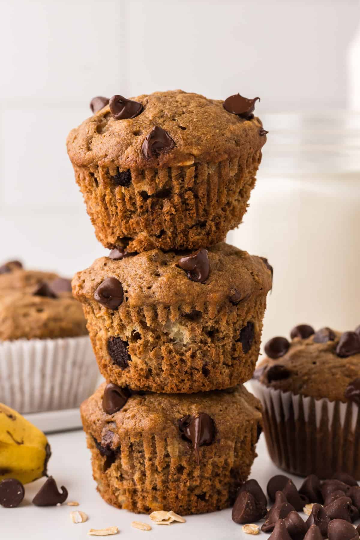 stack of three healthy banana muffins.