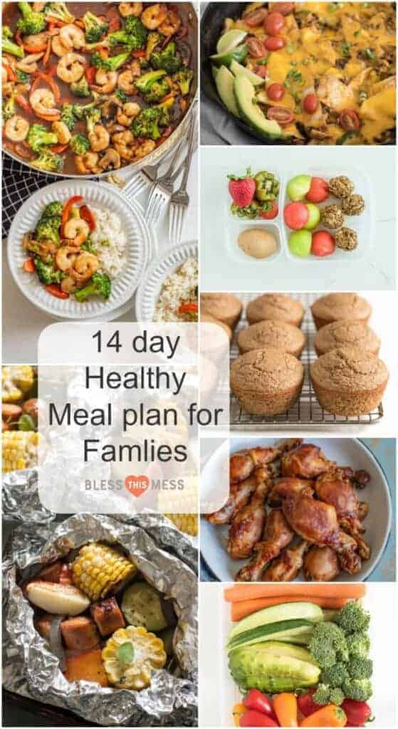 Title Image for 14 Day Healthy Meal Plan for Families with 7 examples of meals and snacks