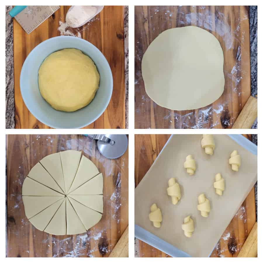 collage of dinner rolls with 4 pictures, the puffy risen dough in a bowl, the dough rolled into a circle, the circle cut into 12 pieces, and shaped uncooked rolls on a pan