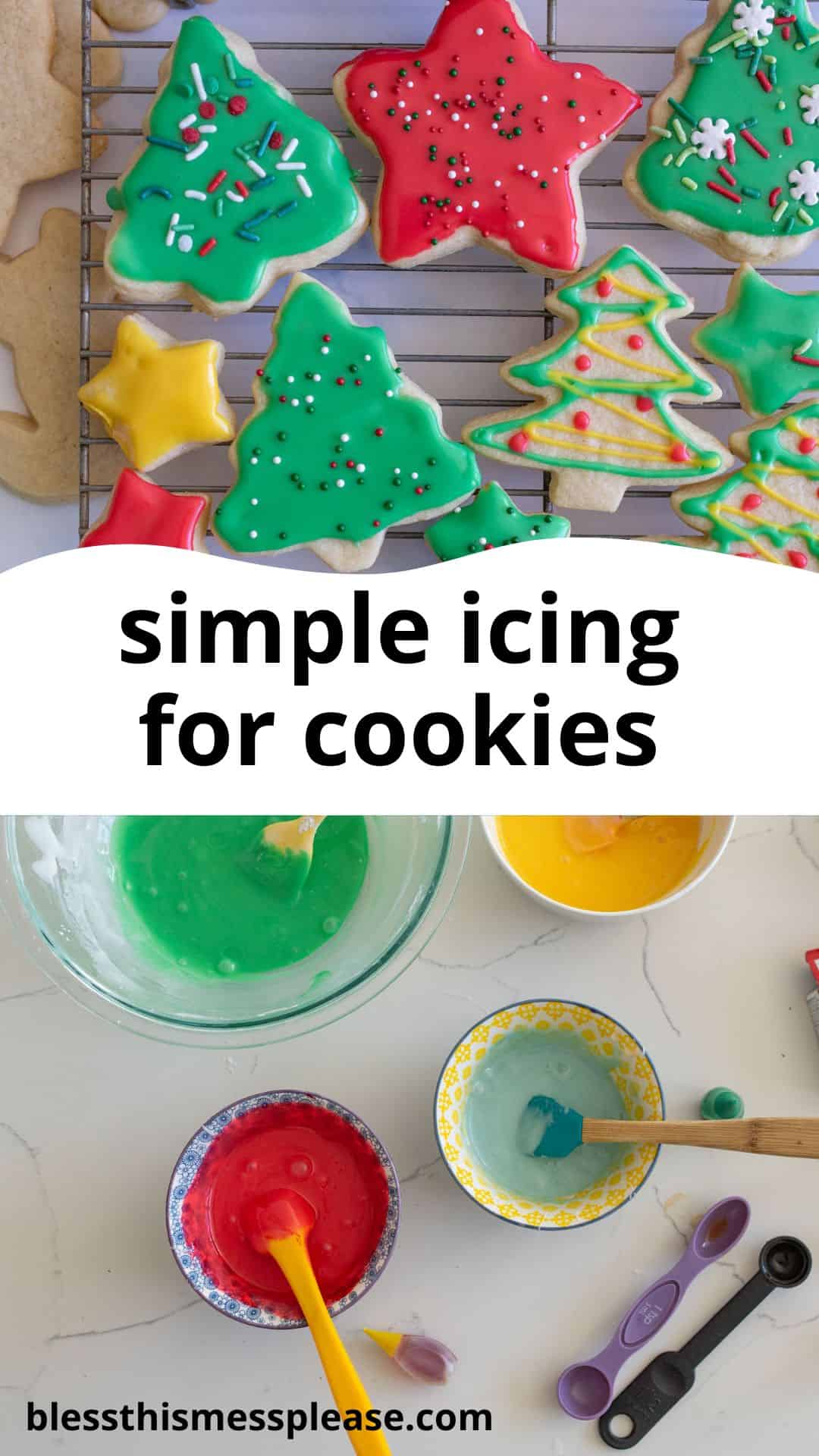 Colorful Christmas-themed cookies with icing, including trees, stars, and a red snowflake, are on a cooling rack. Below, bowls of various icing colors and measuring spoons are arranged on a table. Text reads simple icing for cookies.