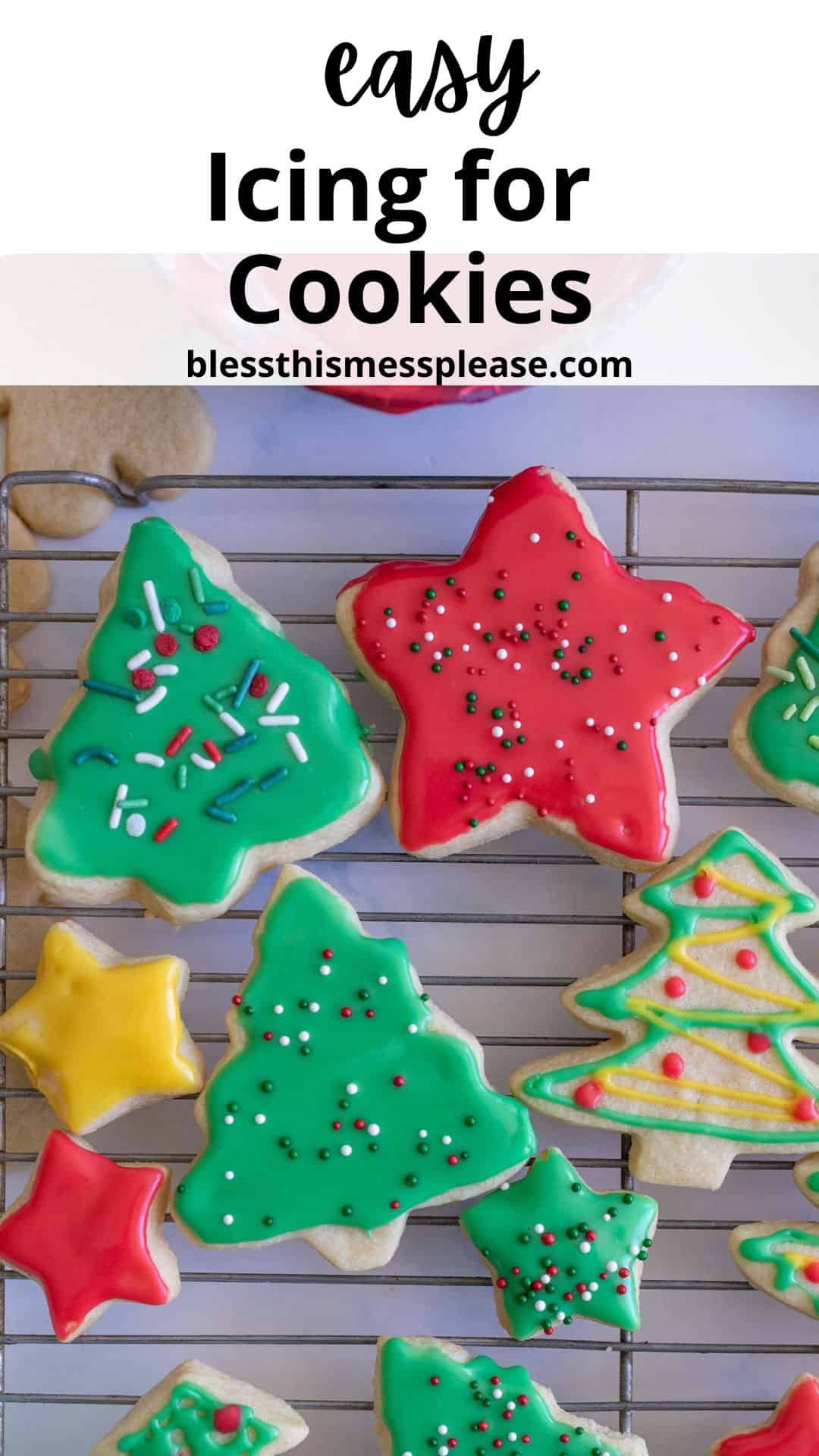 A cooling rack with Christmas-themed sugar cookies. The cookies are decorated with green, red, and yellow icing, and topped with colorful sprinkles. They are shaped like trees, stars, and other festive designs.