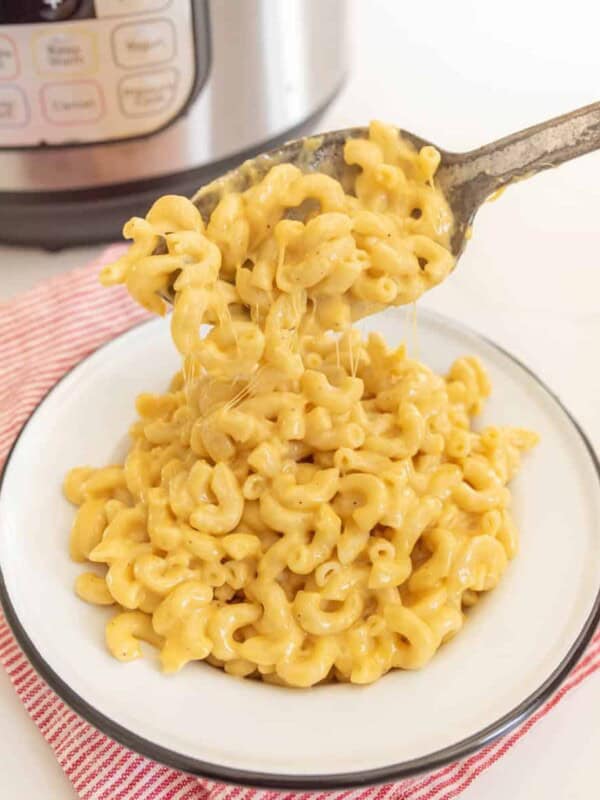 finished macaroni and cheese spooned into dish