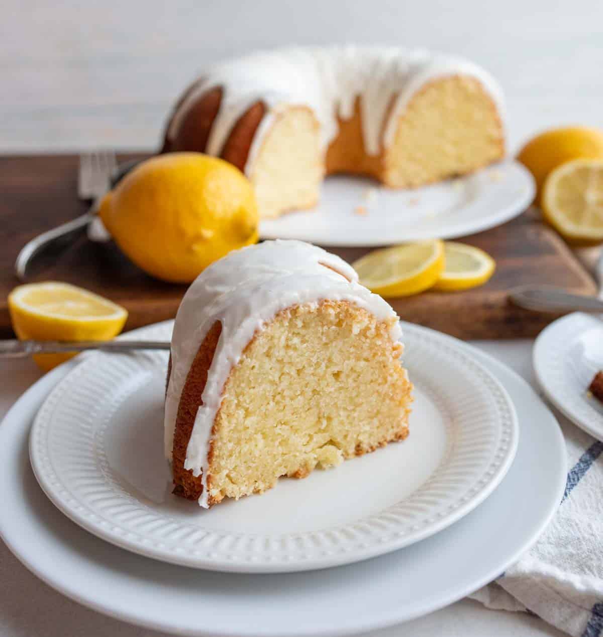 lemon bundt cake with white icing.