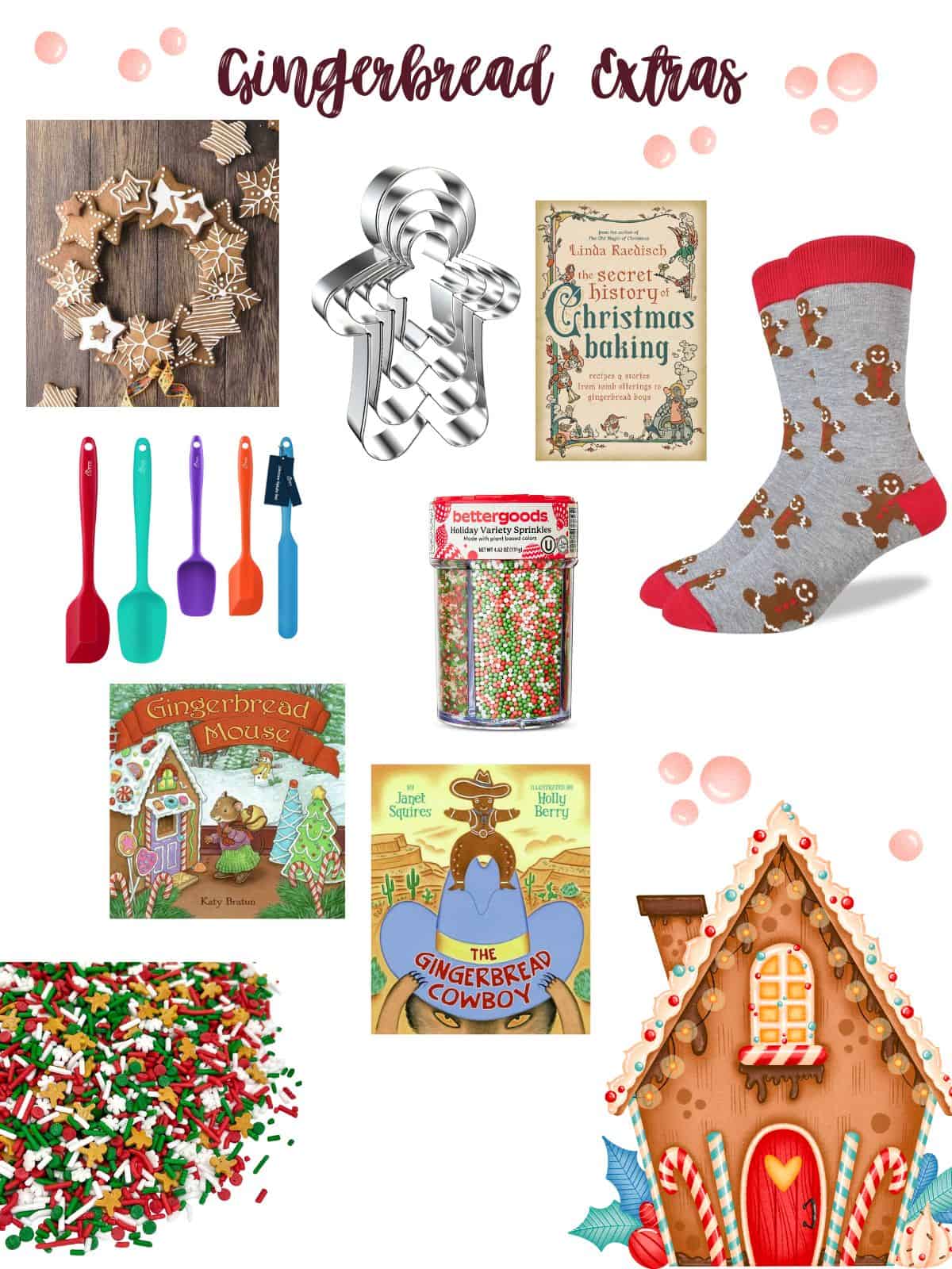 A collage of gingerbread-themed items includes cookie cutters, a Christmas baking book, a gingerbread house book, colored spatulas, sprinkles, a gingerbread-themed sock, and a gingerbread house illustration.