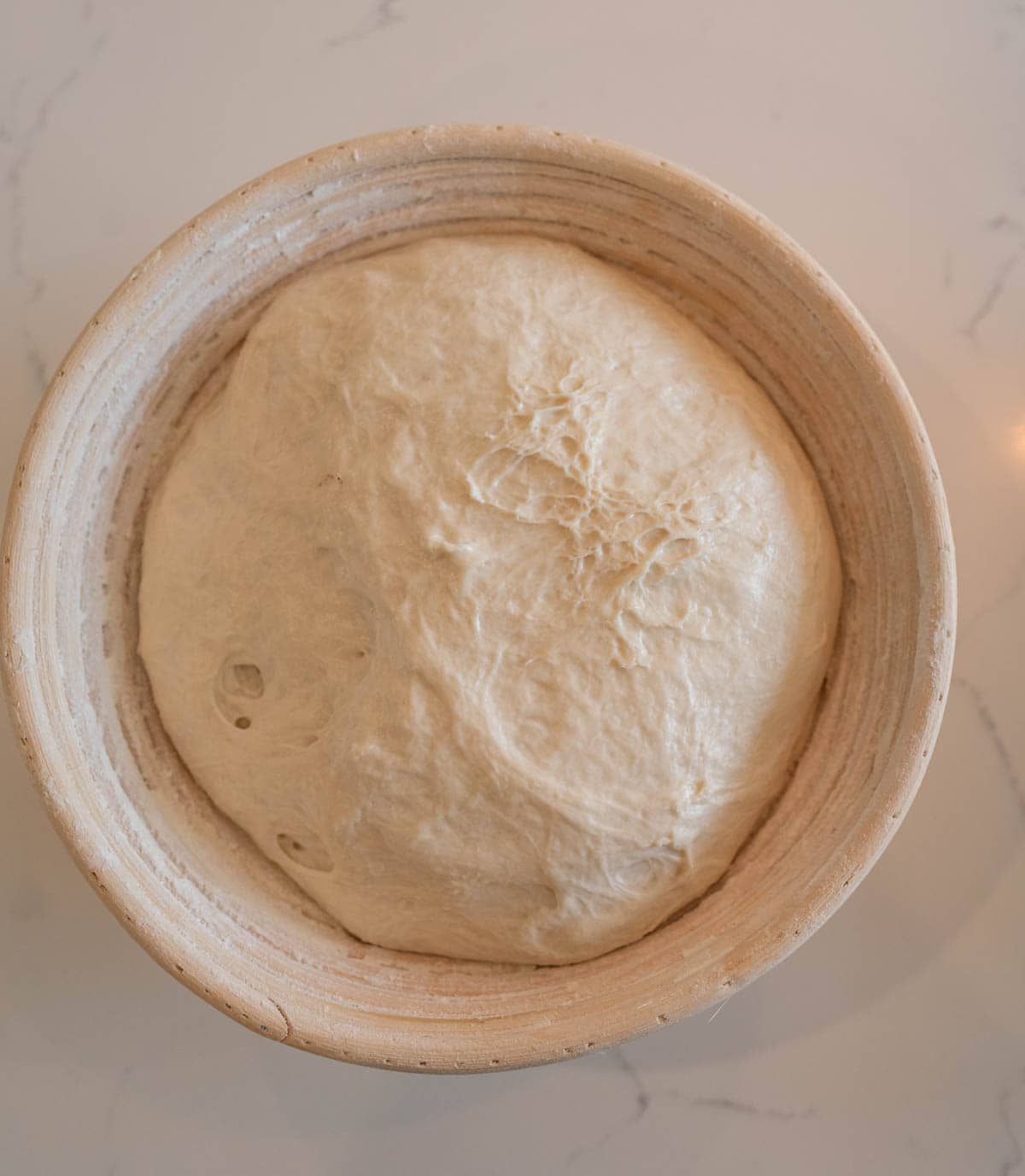 ball of no knead sourdough bread in proofing bowl.