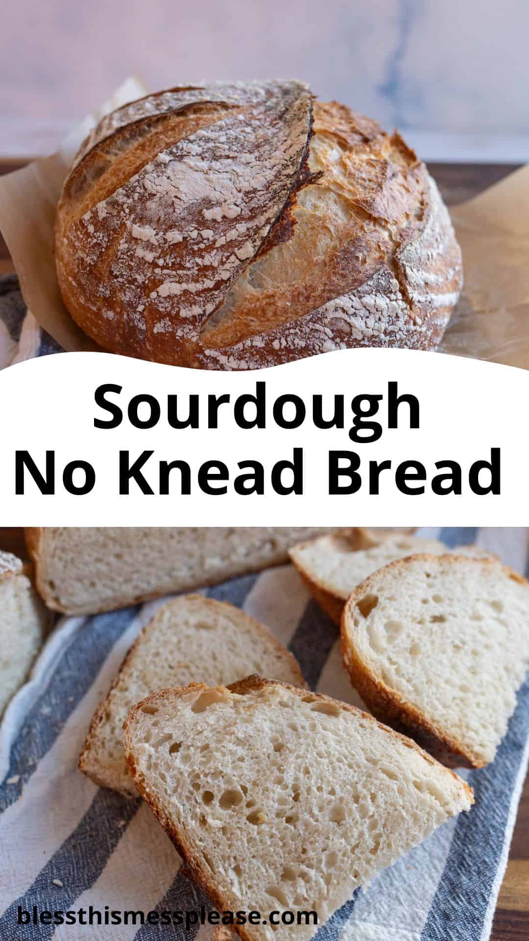 pin with round sourdough loaf and words sourdough no knead recipe.