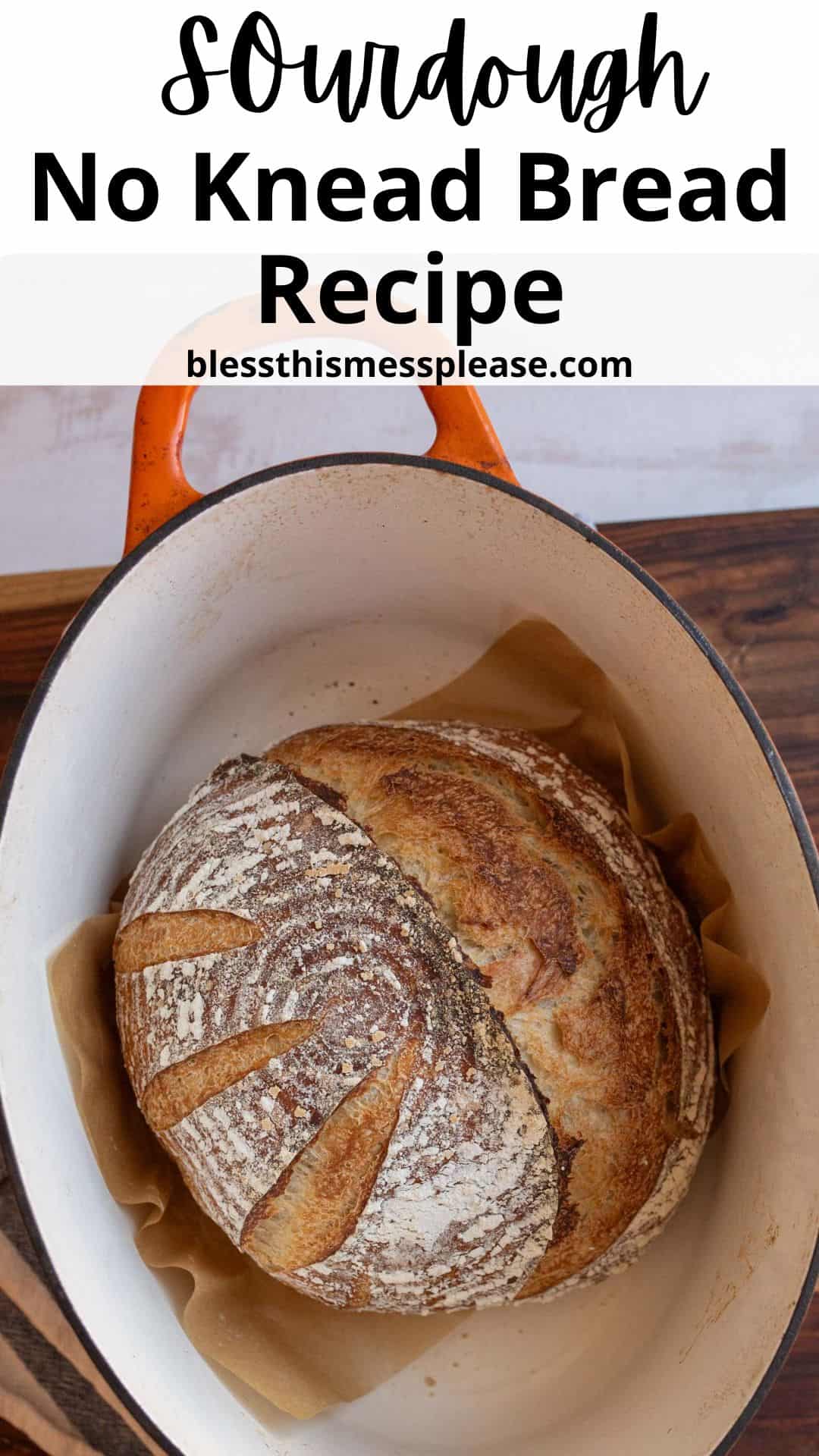 pin with round sourdough loaf and words sourdough no knead bread recipe.