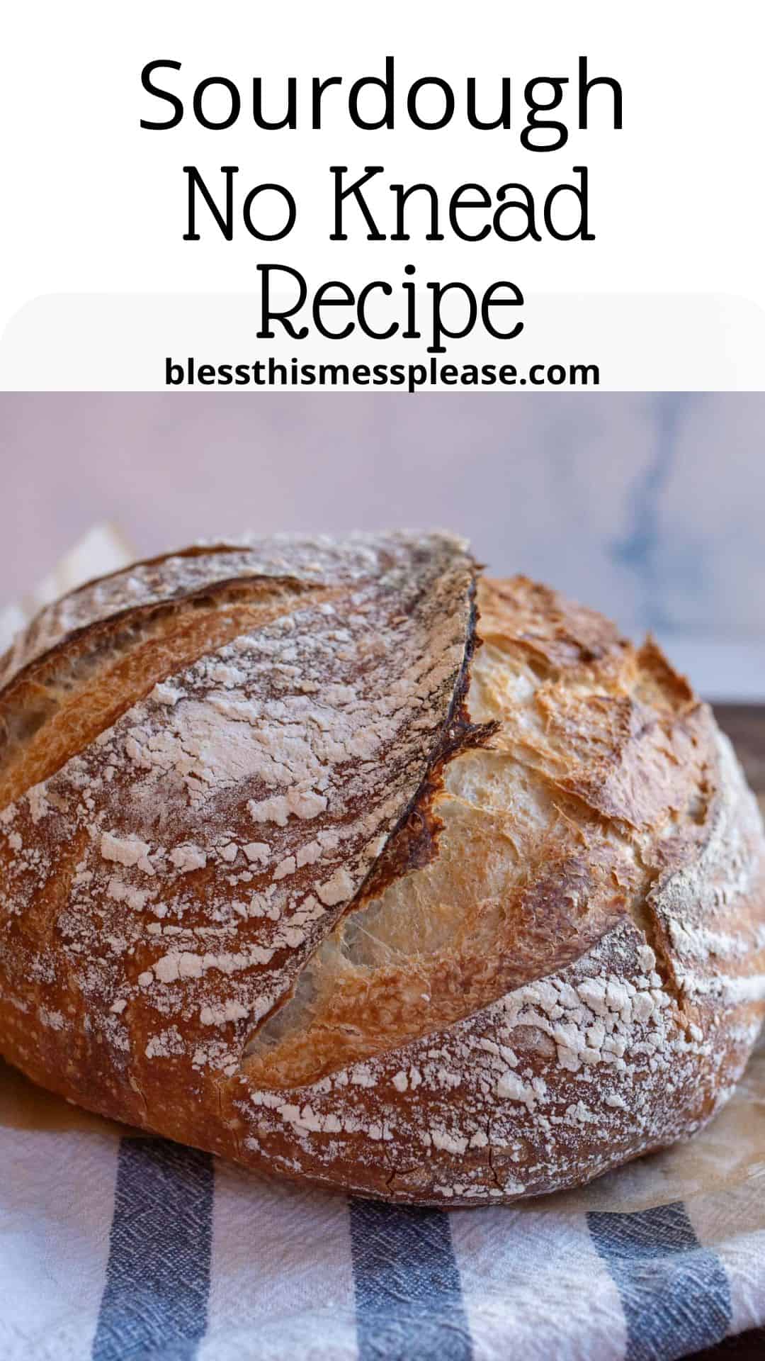 pin with round sourdough loaf and words sourdough no knead recipe.