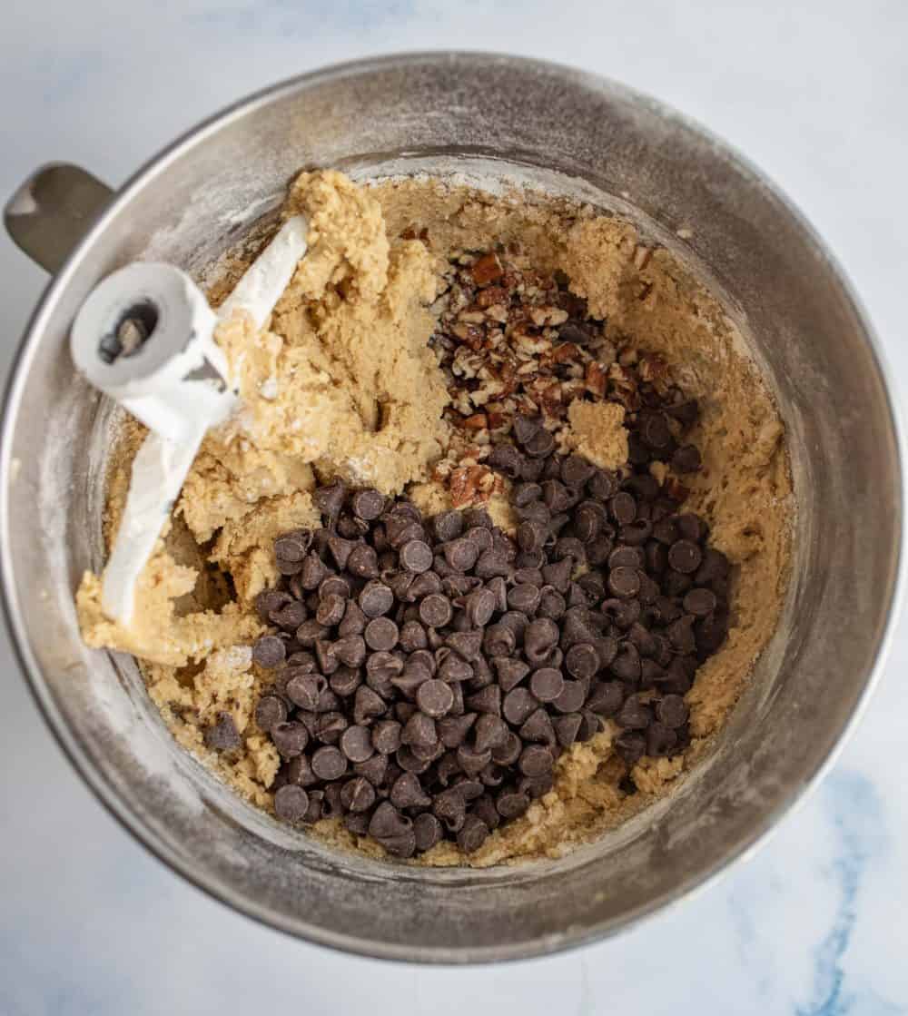 kitchen aid bowl of raw chocolate chip cookie dough.