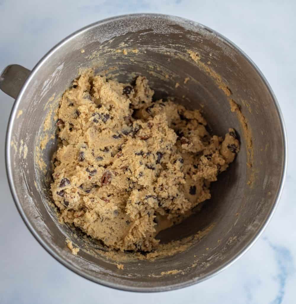 kitchen aid bowl of raw chocolate chip cookie dough.