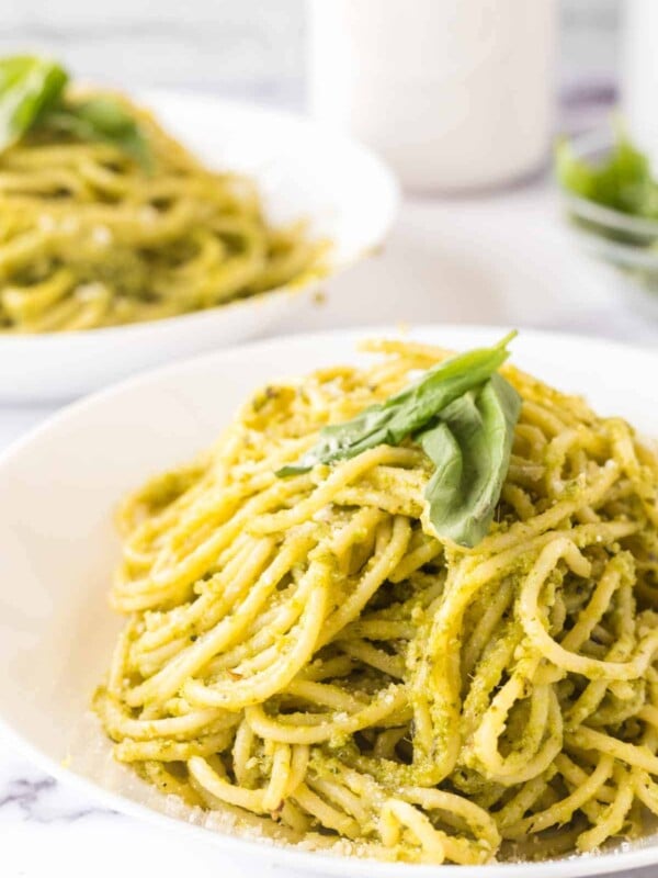 pesto pasta on a white plate