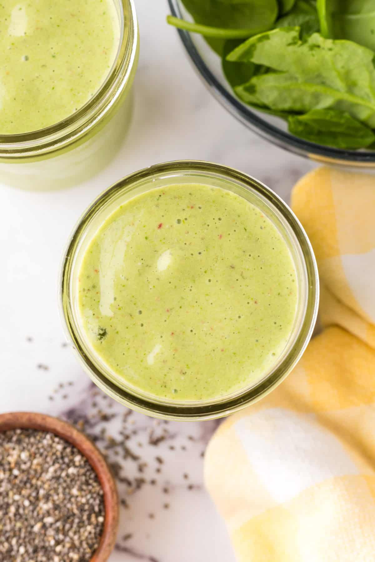 Top view of green smoothie.