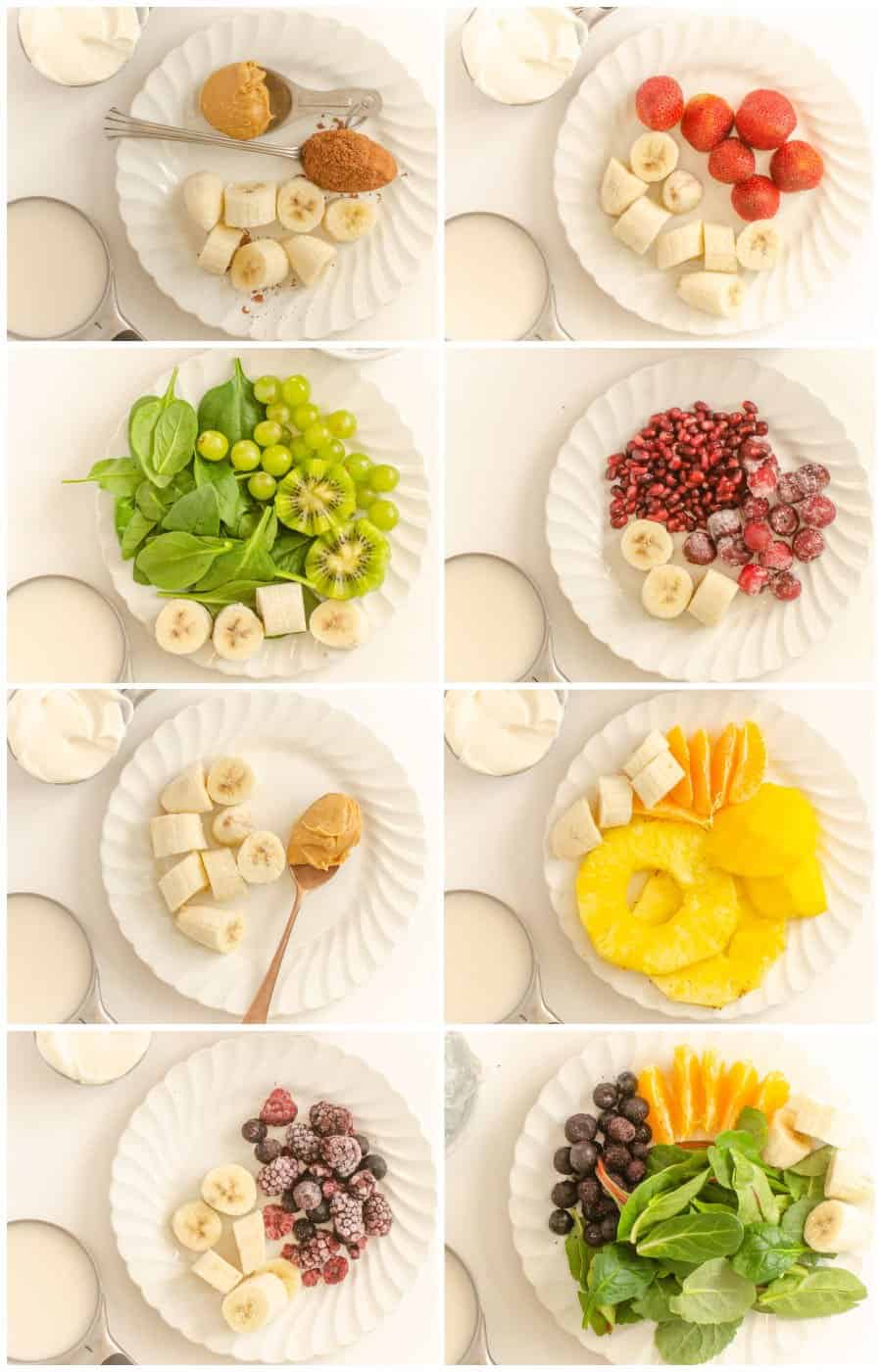 8 Pictures of plates with different ingredients on them for smoothies.