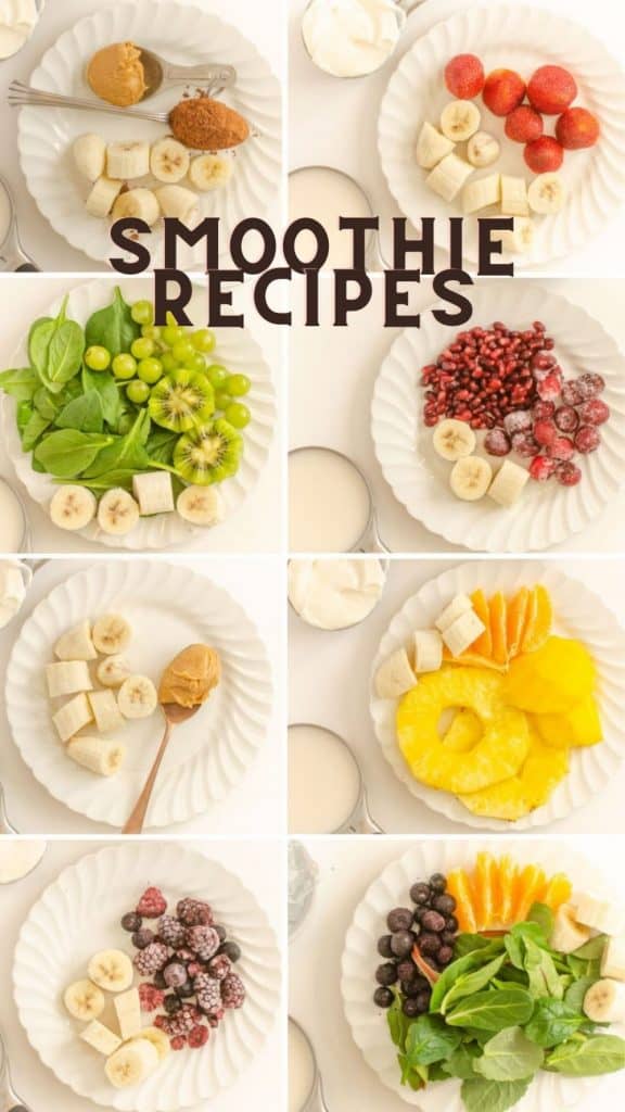 Different plates of smoothie recipes with the words "smoothie recipes" written at the top