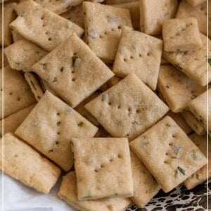 herb and garlic sourdough crackers in black and white bowl