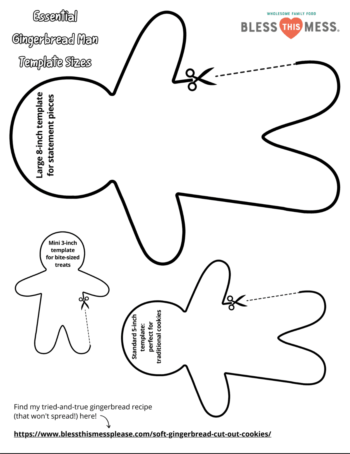 Diagram displaying gingerbread man cookie templates in three sizes: large (8-inch) for statement pieces, standard (5-inch) for classic cookies, and mini (3-inch) for bite-sized treats. Includes a website link to a delicious gingerbread cookie recipe.