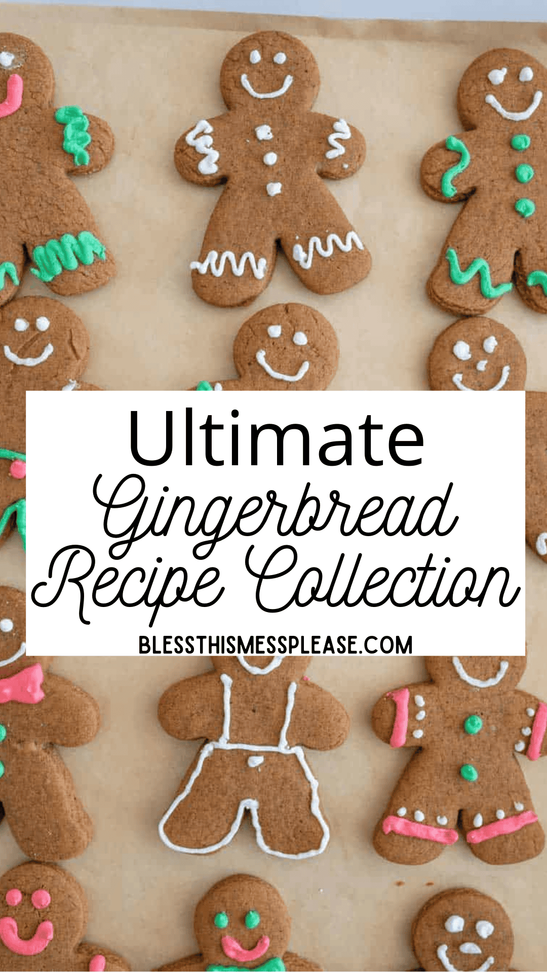 A collection of decorated gingerbread cookies with smiling faces, outlined in white, pink, and green icing. The text overlay reads, Ultimate Gingerbread Recipes Collection with the website blessthismessplease.com beneath it.